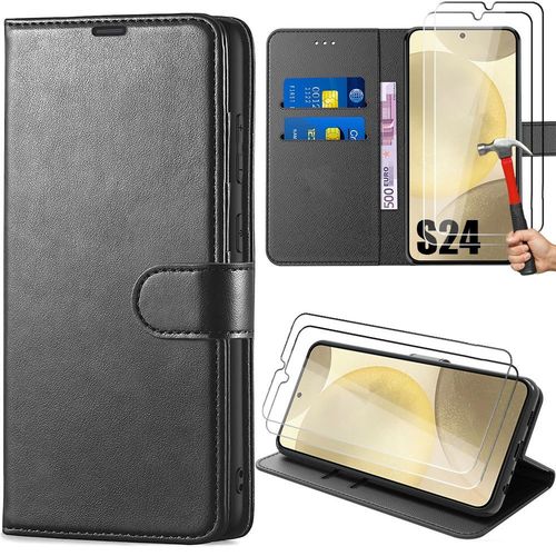 Coque + 2 Verres Trempés Pour Samsung Galaxy S24, Coque Protection Antichoc Effet Cuir Noir - E.F.Connection