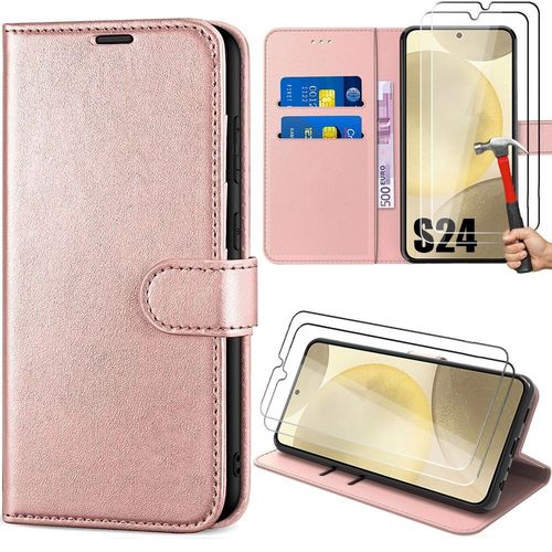 Coque + 2 Verres Trempés Pour Samsung Galaxy S24, Coque Effet Cuir Elégant - Rose - E.F.Connection