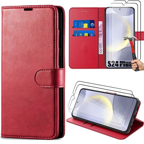 Coque + 2 Verres Trempés Pour Samsung Galaxy S24 Plus (S24+), Coque Effet Cuir Rouge Fermeture Magnétique - E.F.Connection