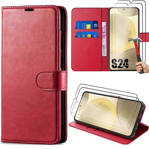 2 Verres Trempés + Coque Pour Samsung Galaxy S24, Intégrale Anti-Rayure Synthécuir Rouge - E.F.Connection