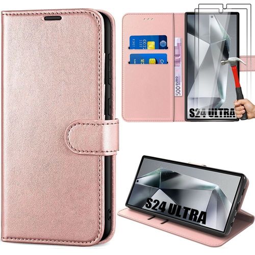 2 Verres Trempés + Coque Pour Samsung Galaxy S24 Ultra, Rose Antichoc Effet Cuir Protection 360° - E.F.Connection