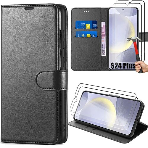 Coque Pour Samsung Galaxy S24 Plus (S24+) Avec 2 Verres Trempés - Protection Effet Cuir Noir Fermeture Magnétique - E.F.Connection