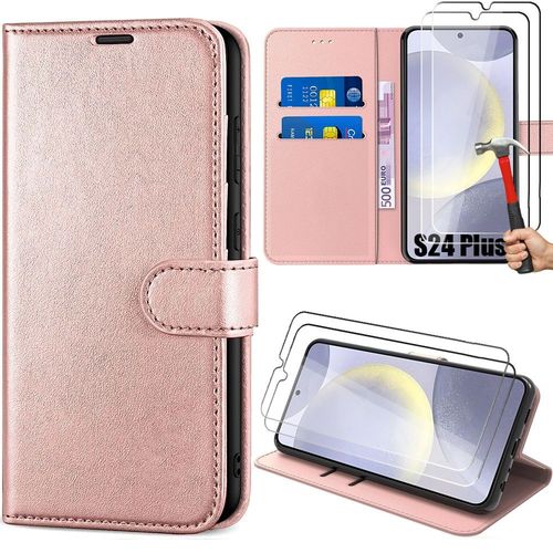 2 Verres Trempés + Coque Pour Samsung Galaxy S24 Plus (S24+) Rose Anti-Rayure Antichoc Effet Cuir - E.F.Connection