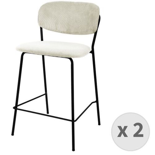 Clara-Tabouret De Bar En Tissu Cotelé Ecru Et Métal Noir Mat (X2)