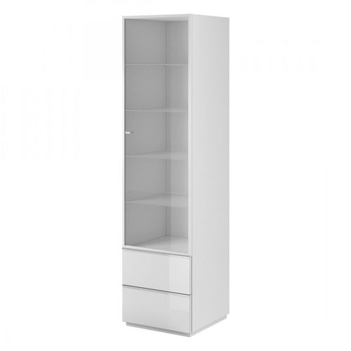 Vitrine Haute, 1 Porte Vitrée Et 2 Tiroirs Collection Zante. Coloris Blanc Brillant