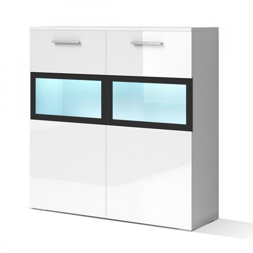 Buffet 90cm Pour Salon Avec 2 Portes Vitrées Couleur Blanc Brillant Collection Connor