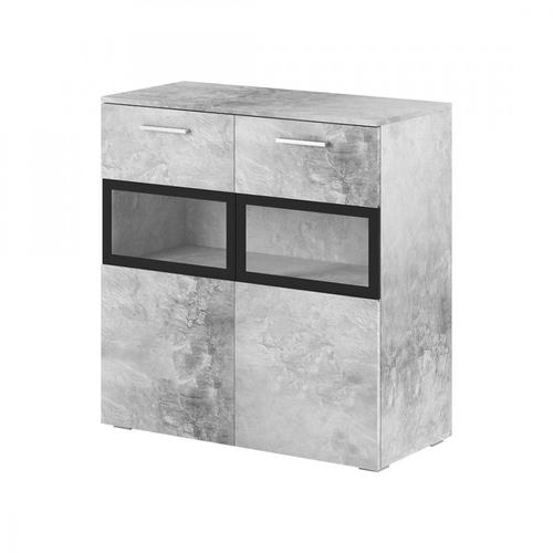 Buffet 90cm Pour Salon Avec 2 Portes Vitrées Couleur Gris Effet Béton Collection Connor