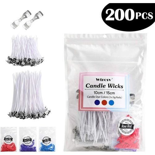 200 Pièces Mèches Bougies, Mèches Pré Ciré En Coton Naturel 100pcs 10 Cm Et 100pcs 15 Cm, Avec 2 Pièce Le Support Fixe Mèche Inoxydable, 3 Sachets Colorants Bougie(15g) Pour La Fabrication De Bougie?S