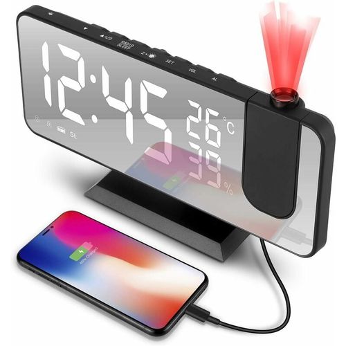 Réveil Projecteur, Réveil Projecteur Plafond avec Projection 180°, Radio-Réveil Matin avec Port USB, Horloge Numérique avec Double Alarme, Grand écran LED, 4 Niveaux de Luminosité, Radio 32FM