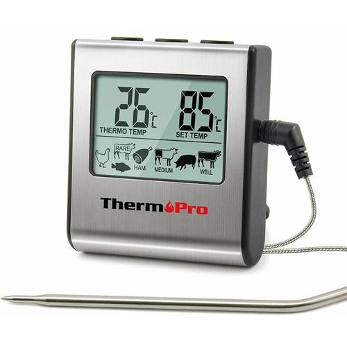 TP16 Thermomètre de Cuisson pour Viande Numérique avec Large Écran LCD pour Fumoir Four Cuisine Friandises Barbecue Grill Thermomètre avec Minuteur et Sonde de Températures en Acier Inoxydable