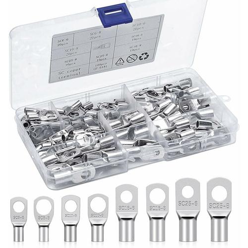 Cosse à Sertir Kits Cosses Electriques 6mm² 10mm² 16mm² 25mm² Cosses de Câble à Anneau Bornes en Cuivre Etamé Connecteurs SC pour Batterie Voitures, Automobile, Motos?120Pcs?