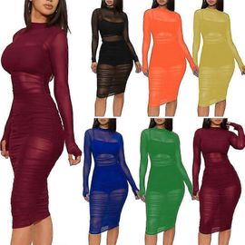 Robe Moulante En Maille Transparente Pour Femmes, Robe Mi-Longue Froncée À Col Montant-Bleu-Adulte-M-Femelle