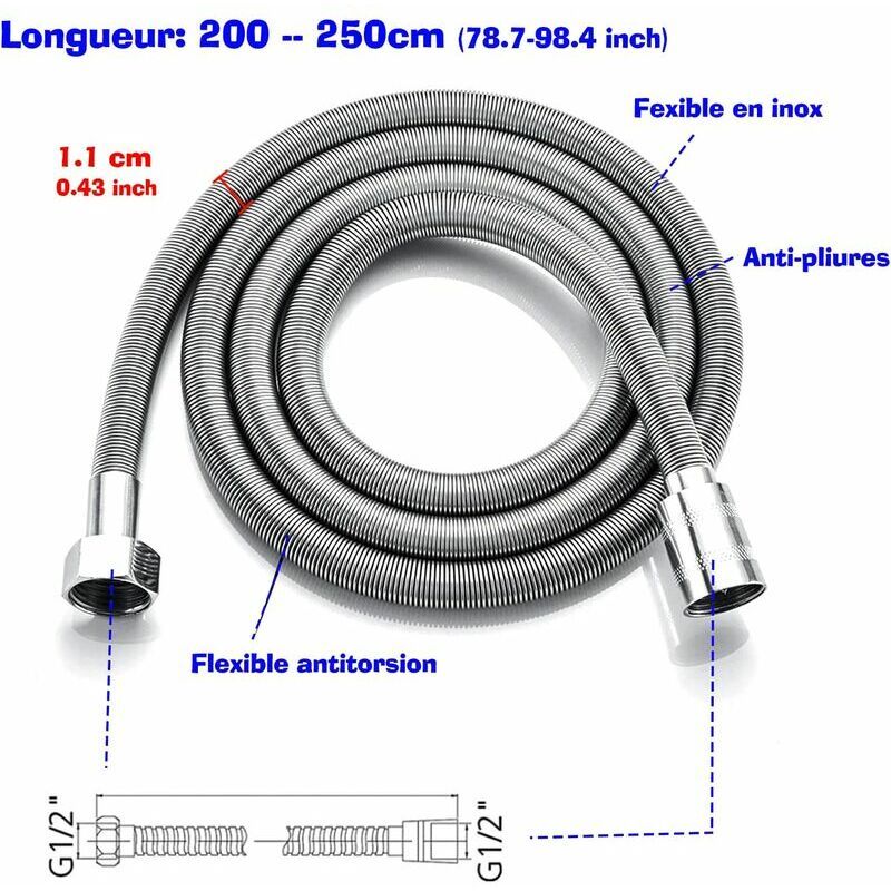 Flexible Douchette ,Tuyau de Douche 2m-2,50m en acier inoxyd... - 2