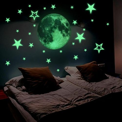 30cm lune + 27 pièces d'étoiles lumineuses lune étoiles dot stickers muraux créatifs fluorescents autocollants muraux autocollants de décoration de chambre d'enfants