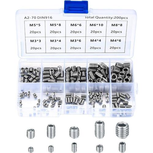 200 Pièces Vis Sans Tête en Acier Inox M3 M4 M5 M6 M8 Vis à Métaux Assortiment Kit de Fixations Vis Pointeau