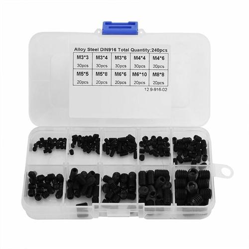 M3-M8 Coffret de 240pcs Assortiment Vis à Six Pans Creux sans Tête en Acier d'Alliage 10 Diverses Tailles GDRHVFD