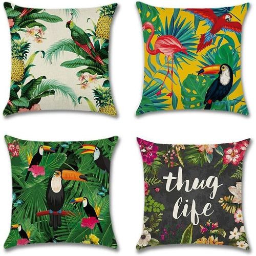 Lot De 4 Housse De Coussin 45 X 45 Cm Coton Et Lin Décoratif Taie D'oreiller De Voiture Canapé Maison Décor Housses De Coussin (Flamants Avec Des Plantes Tropicales)