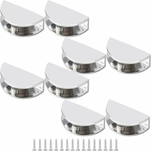 Lot de 8 supports réglables pour étagère en verre, sans cadre, en alliage de zinc, clips de serrage en verre demi-ronds, chromés, polis, fixation murale pour verre de 6 à 10 mm d'épaisseur