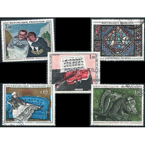 France 1962 À 1966, Beaux Timbres Tableaux, Yvert 1363 Manet, 1427 Vitrail Cathédrale De Sens, 1459 Dufy, 1478 Cratère De Vix Et 1494 Daumier, Oblitérés, Tbe