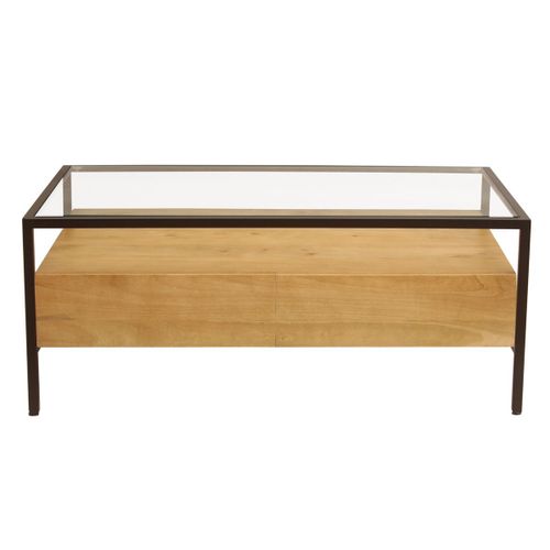 Table Basse Rectangulaire Avec Rangements En Bois Manguier Massif, Verre Et Métal Noir L100 Cm Sita