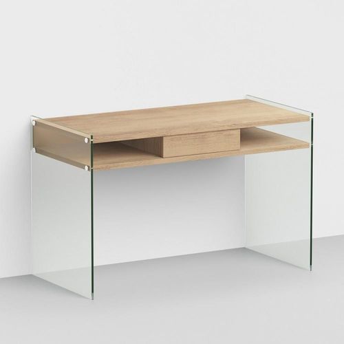 Bureau Design Verona 1 Tiroir 2 Casiers Piétement Verre Clair Plateau Chêne