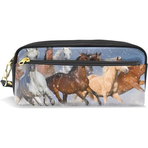 Trousse ¿¿ Crayons Motif Chevaux Dans La Neige Pour Filles Et Gar?Ons, Grande Capacit¿¿ Pour Stylos, Organiseur Avec Compartiments