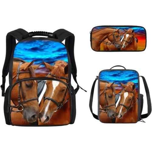 Brown Horse Fille Sac ¿¿ Dos Enfants ¿¿cole Primaire Sac ¿¿ Dos Cartable, Grande Fille Cartable Set avec Lunch Box Pencil Box Cadeau de Retour ¿¿ l'¿¿cole pour Les Enfants, Lot de 3