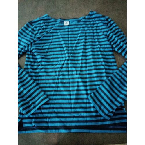 T Shirt Ml Rayé Bleu Noir Garçon Xxs Petit Bateau Très Bon État