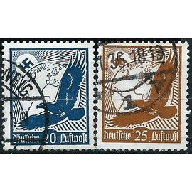 Allemagne, 3ème Reich 1934, Beaux Timbres De Poste Aérienne Yvert 46 47, Grand Aigle, Globe Terrestre Et Croix Gammée, 20pf. Ardoise Et 25pf. Brun Jaune, Oblitérés, Tbe.