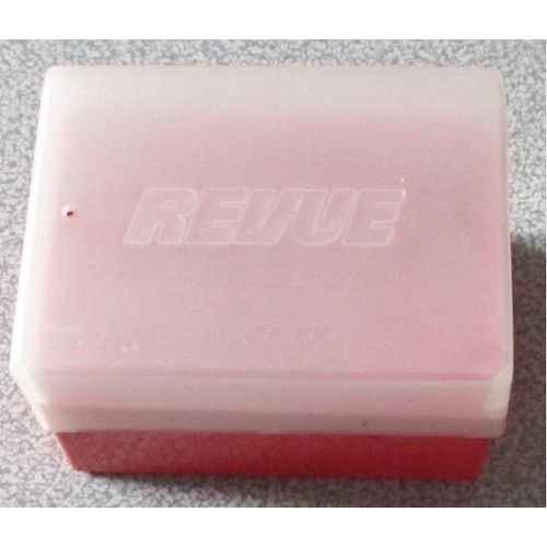 Ancienne boite de rangement pour diapositives-corps plastique rigide orange couvercle souple transparent marqué Revue-7.5x5.3x3.8cm-pour rangement de diapos ou autres petits objets-vendue vide