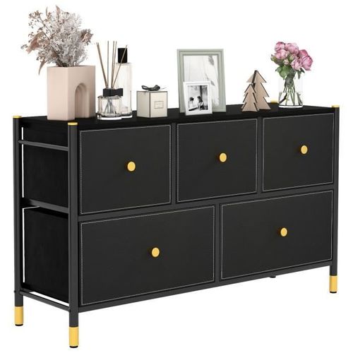 Costway Commode Meuble De Rangement - 5 Tiroirs Pliables En Tissu, Poignée En Bois, Cadre En Métal, Pieds Réglables - Salon, Chambre