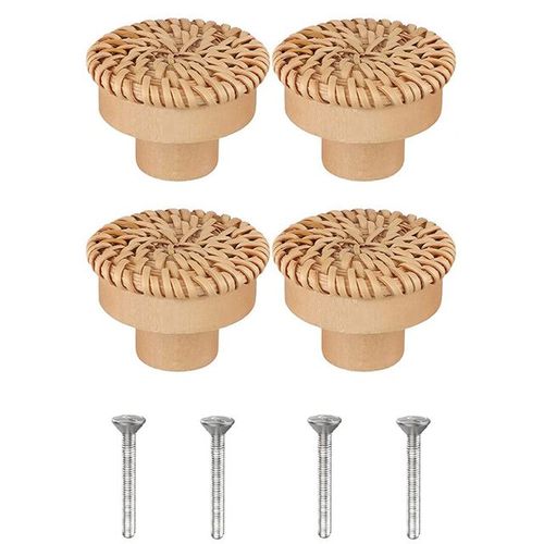 4 Pièces - Lèvent De Commode En Rotin Boho, Boutons De Fusion Ronds En Bois, Tissés À La Main Par L'unicef, Vis Pour Meubles Boho