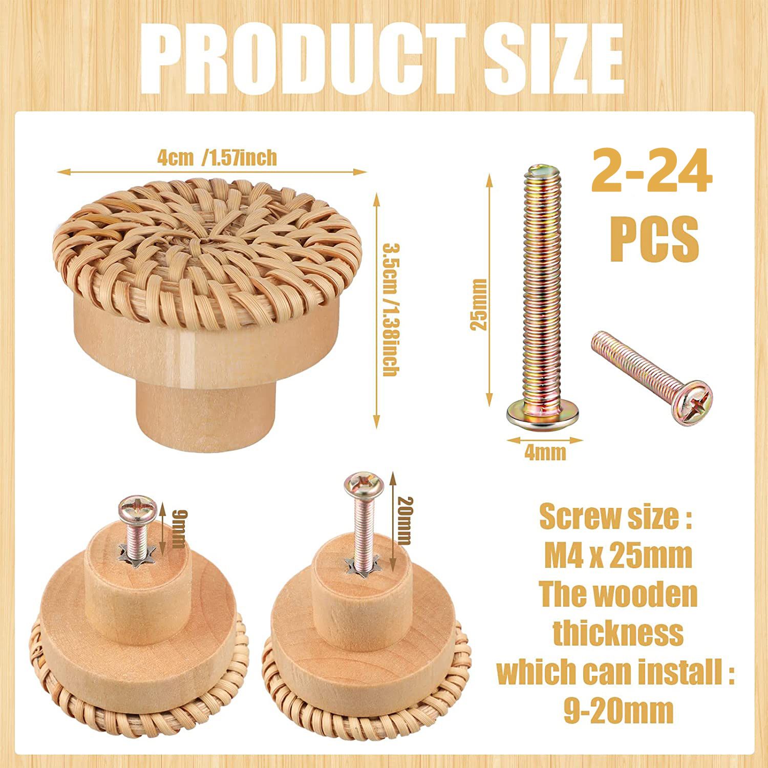 2pcs - Lvent De Commode En Rotin Boho, Boutons De Fusion Ro... - 3