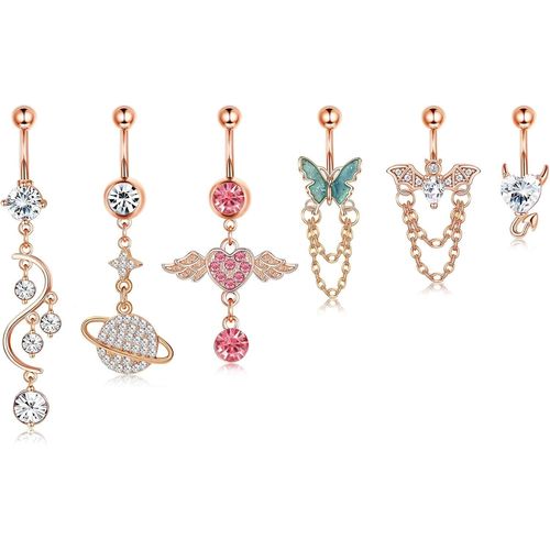 6pcs 14g Piercing Nombril Acier Chirurgical Anneau Nombril Femme Dangling Cz Papillon Chauve Souris Mode Anneaux De Nombril Piercing Bijoux De Corps