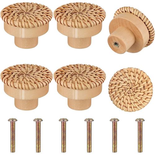 6pcs - Lvent De Commode En Rotin Boho, Boutons De Fusion Ronds En Bois, Tisss  La Main Par L'unicef, Vis Pour Meubles Boho