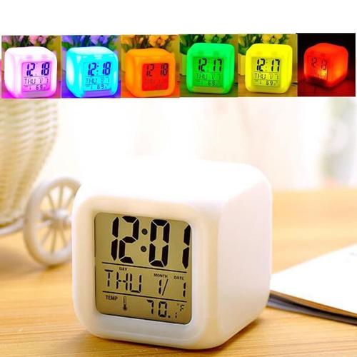 7 Couleurs Changeantes Led Reveil Cube Lumineux Lcd Horloge Veilleuse Avec Date Temprqture Ens12957