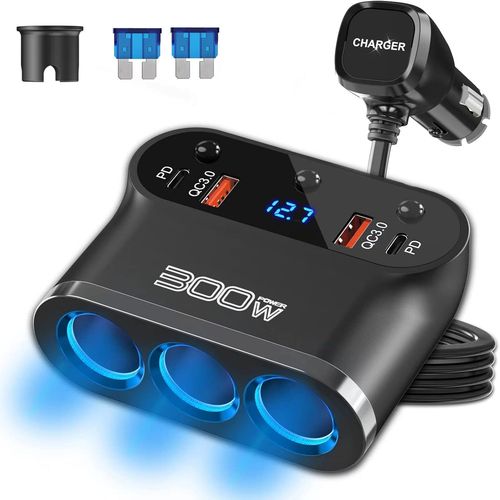 7-en-1 Multi Prise Allume Cigare Adaptateur 300W: 12V/24V Chargeur Allume Cigare 3 Prise Dual PD3.0 et QC3.0 avec Interrupteur LED Voltage Charge Rapide pour Tablette Phone GPS Dash Cam