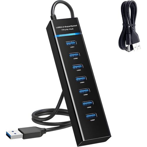 7 Port Hub USB 3.0 avec 120cm Cble et DC Cble USB Adaptateur Multiport avec USB 3.0 5Gbps Aliment Concentrateur USB Multi-Port pour PC Laptop MacBook