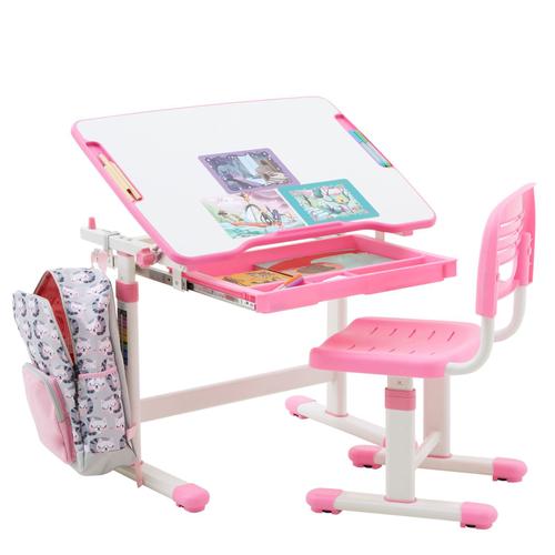 Ensemble Bureau Et Chaise Pour Enfant Tutto Table Et Chaise Réglable En Hauteur, Pupitre Inclinable, Métal Blanc Et Plastique Rose