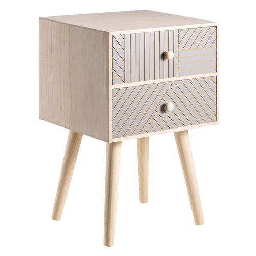 Table De Chevet Pelo Petite Commode De Nuit Avec 2 Tiroirs Rainurés, En Bois De Paulownia Naturel Et Gris
