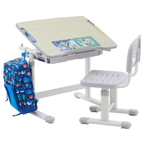 Ensemble Bureau Et Chaise Pour Enfant Tutto Réglable En Hauteur, Pupitre Inclinable Chêne Sonoma, Métal Blanc Et Plastique Gris