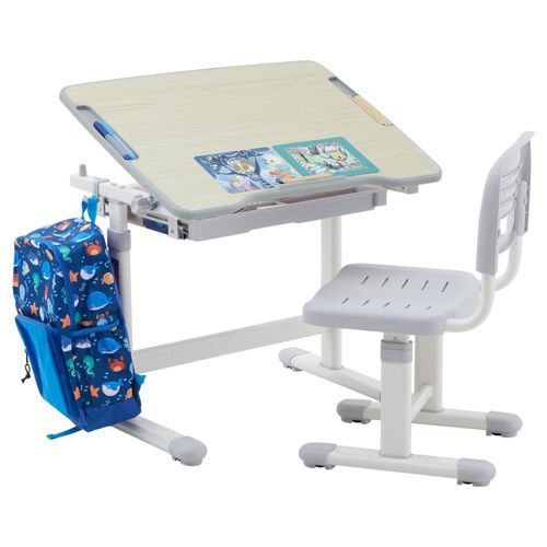 Ensemble Bureau Et Chaise Pour Enfant Tutto Réglable En Hauteur, Pupitre Inclinable Chêne Sonoma, Métal Blanc Et Plastique Gris