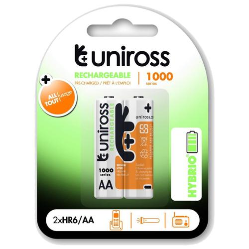 UNIROSS Pack de 2 Piles Rechargeable AA/HR6 1000 NIMH HYBRIO, 1.2V