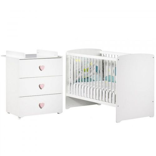 Chambre Bébé Duo Lit Bébé 120x60 Blanc + Commode À Langer 3 Tiroirs Boutons Coeur Basic