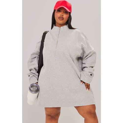 Plus Robe Pull Côtelée Gris Chiné À Demi-Zip Et Col Montant, Xxl