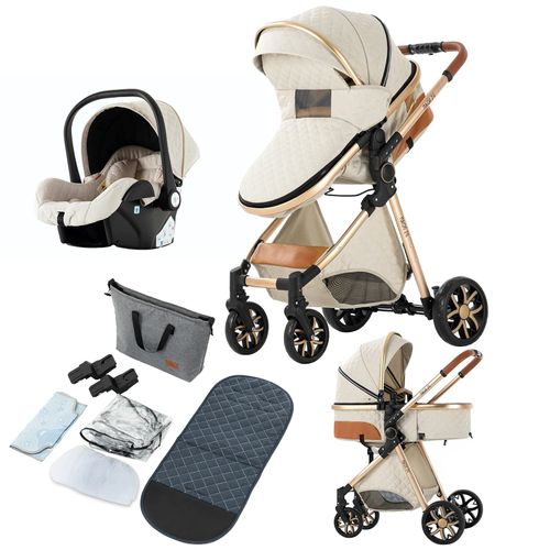 Poussette 3 En 1 Bébé Combinée Siège-Auto Nacelle Trio Réversible Réglable Haute Qualité Roues Increvables Canne Blanc Cassé