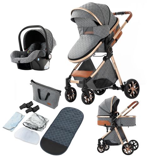 Poussette 3 En 1 Bébé Combinée Siège-Auto Nacelle Trio Réversible Réglable Haute Qualité Roues Increvables Canne Bleu Gris