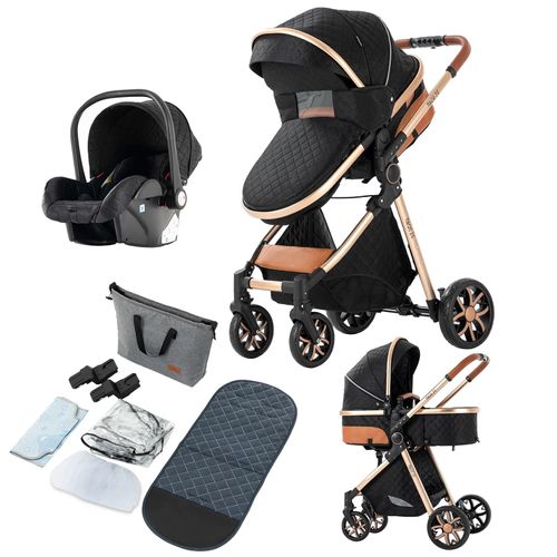 Poussette 3 En 1 Bébé Combinée Siège-Auto Nacelle Trio Réversible Réglable Haute Qualité Roues Increvables Canne Noir Et Or