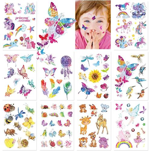 Tatouage Enfant Fille Paillettes,Tatouage Enfant Fille Princesse Papillon Fleur Licorne Animaux,Art Stickers pour Decoration Licorne Anniversaire Enfants