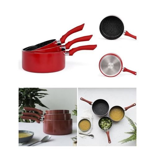 Ensemble De 3 Casseroles Rouge Intérieur Antiadhésif Finition Aspect Pierre Compatible Tous Feux Dont Induction